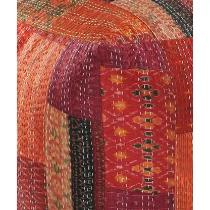 24  Square Red Pouf Ottoman with Cotton Blend Upholstery and Modern Patchwork Design Great for Footrest