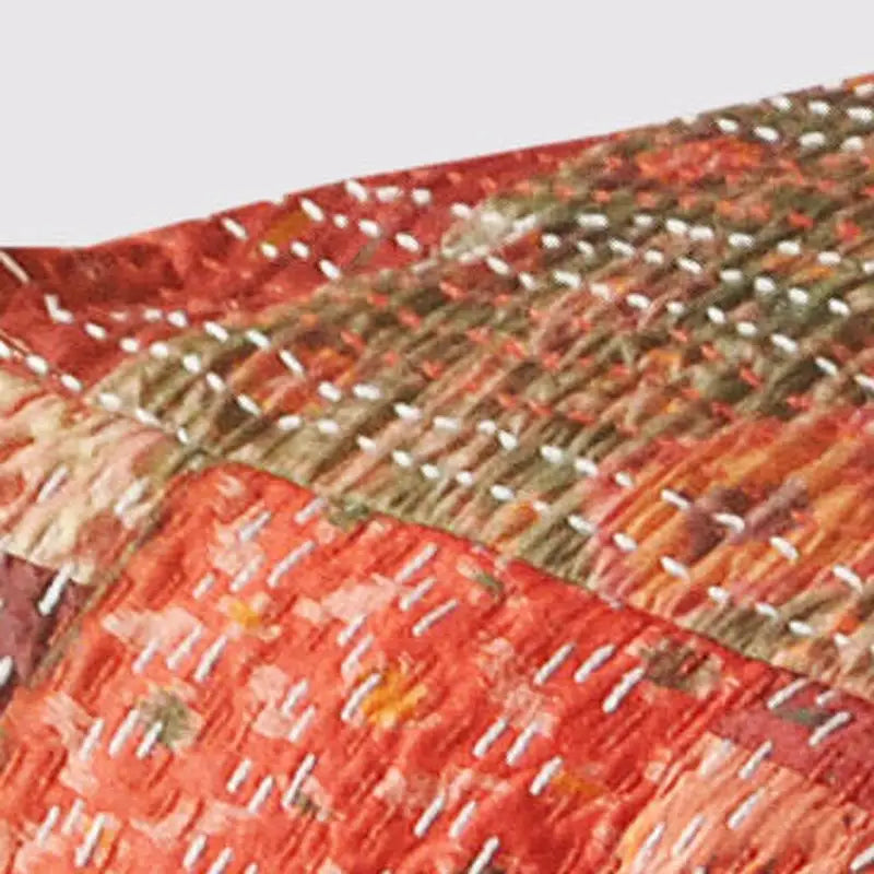 24  Square Red Pouf Ottoman with Cotton Blend Upholstery and Modern Patchwork Design Great for Footrest