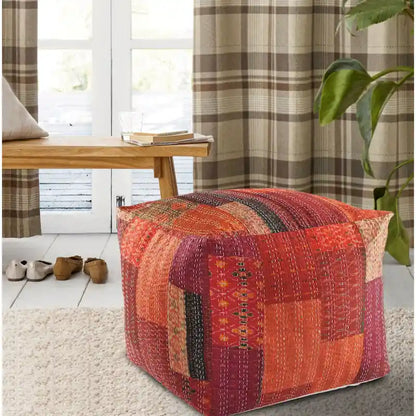 24  Square Red Pouf Ottoman with Cotton Blend Upholstery and Modern Patchwork Design Great for Footrest