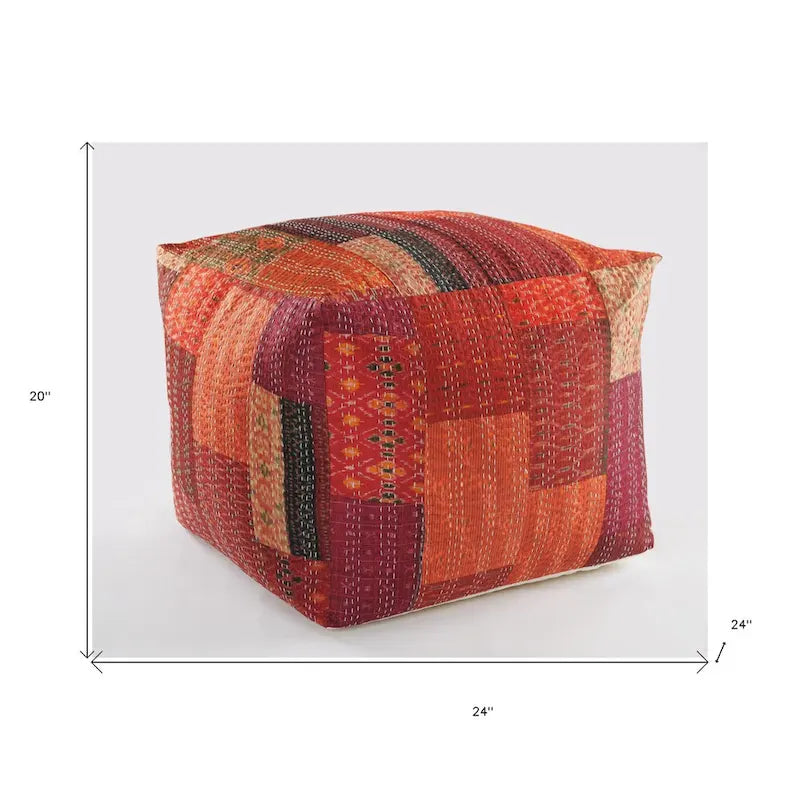 24  Square Red Pouf Ottoman with Cotton Blend Upholstery and Modern Patchwork Design Great for Footrest
