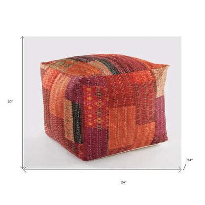 24  Square Red Pouf Ottoman with Cotton Blend Upholstery and Modern Patchwork Design Great for Footrest