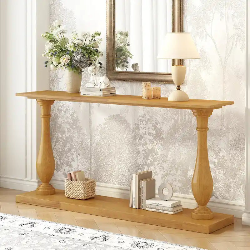 Vase-Leg Design Console Table Narrow Entryway Table Sofa Side Table with Bottom Shelf