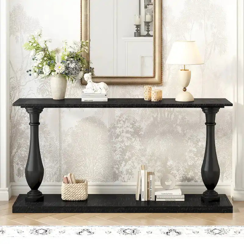 Vase-Leg Design Console Table Narrow Entryway Table Sofa Side Table with Bottom Shelf