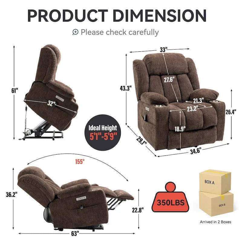 Lazy Boy Chenille Power Lift Recliner Chair, Modern Lving Room Single Massage Sofa Chair w/Lumbar Heating, USB and Type-C Ports