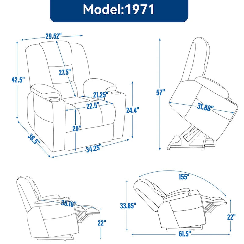 Power Lift Recliner Chair with Massage and Heat, Lazy Boy Overstuffed Wide Recliners w/USB, Type C Ports & 2 Steel Cup Holders