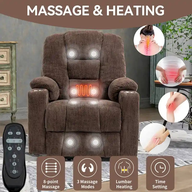 Power Lift Recliner Chair with Massage and Heat, Lazy Boy Overstuffed Wide Recliners w/USB, Type C Ports & 2 Steel Cup Holders