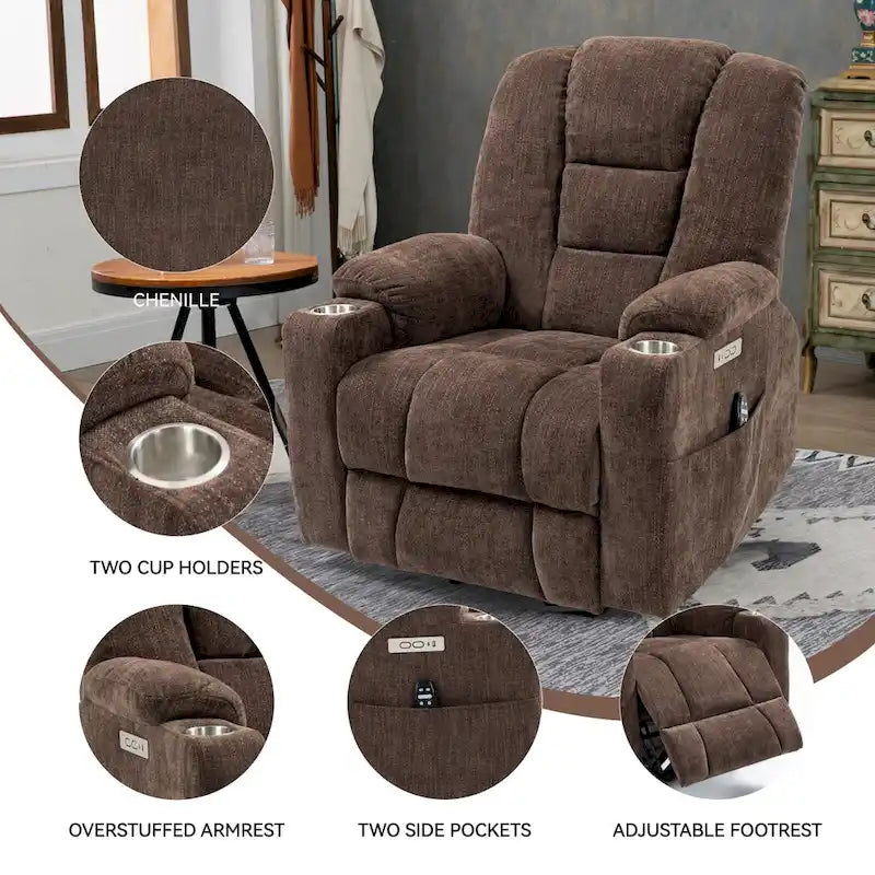Power Lift Recliner Chair with Massage and Heat, Lazy Boy Overstuffed Wide Recliners w/USB, Type C Ports & 2 Steel Cup Holders
