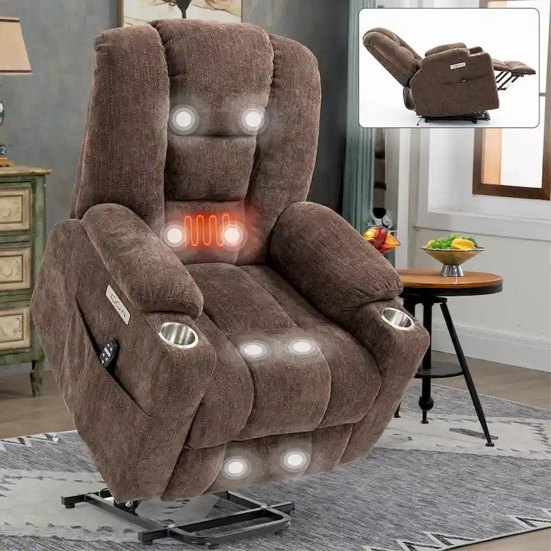 Power Lift Recliner Chair with Massage and Heat, Lazy Boy Overstuffed Wide Recliners w/USB, Type C Ports & 2 Steel Cup Holders