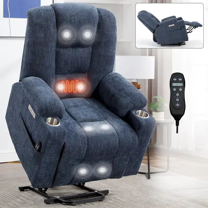 Power Lift Recliner Chair with Massage and Heat, Lazy Boy Overstuffed Wide Recliners w/USB, Type C Ports & 2 Steel Cup Holders