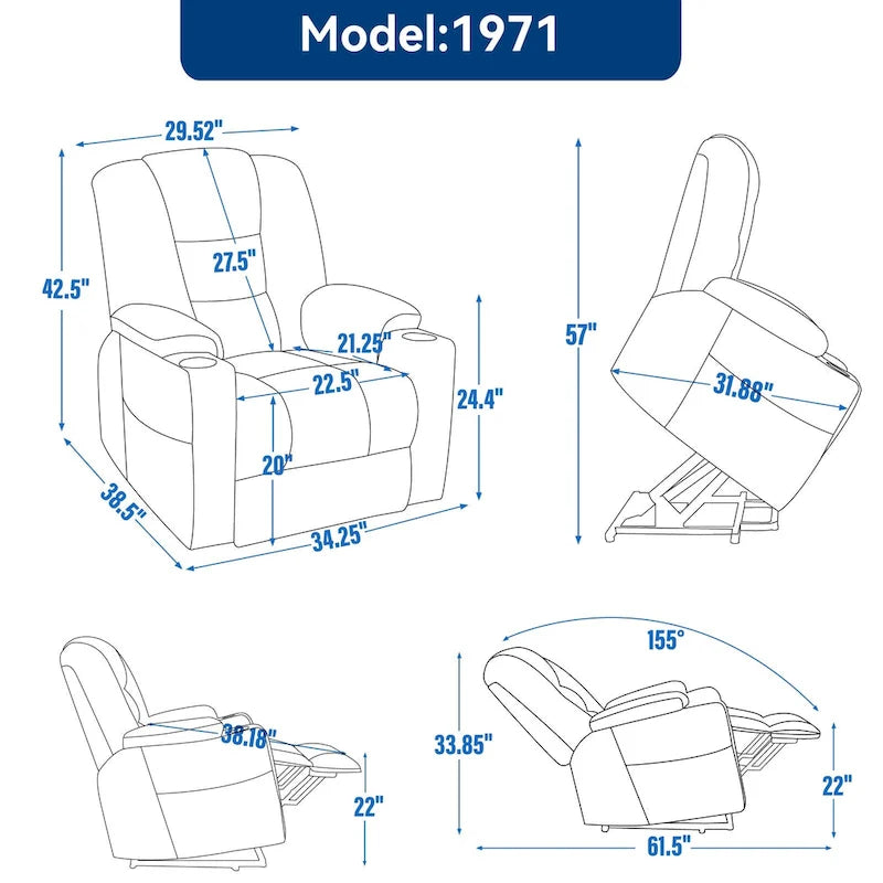 Power Lift Recliner Chair with Massage and Heat, Lazy Boy Overstuffed Wide Recliners w/USB, Type C Ports & 2 Steel Cup Holders