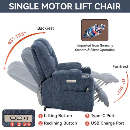 Power Lift Recliner Chair with Massage and Heat, Lazy Boy Overstuffed Wide Recliners w/USB, Type C Ports & 2 Steel Cup Holders