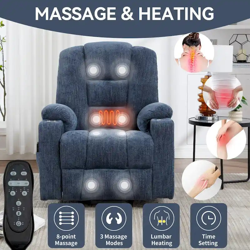 Power Lift Recliner Chair with Massage and Heat, Lazy Boy Overstuffed Wide Recliners w/USB, Type C Ports & 2 Steel Cup Holders