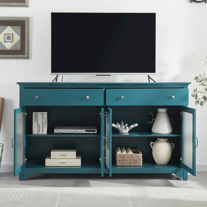 Modern Coastal Teal TV Cabinets with 2 Storage Cabinets, 2 Drawers and Gold Handles for Living Room and Bedroom