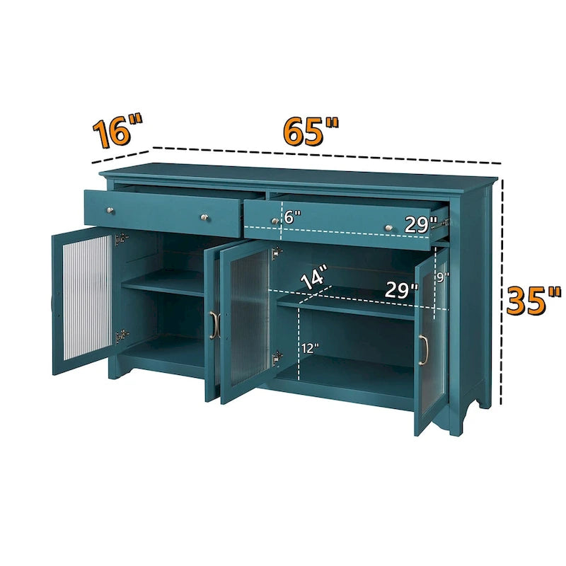 Modern Coastal Teal TV Cabinets with 2 Storage Cabinets, 2 Drawers and Gold Handles for Living Room and Bedroom