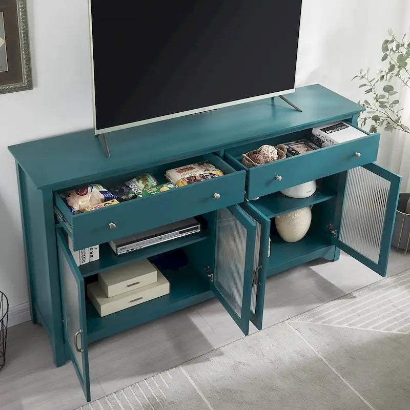 Modern Coastal Teal TV Cabinets with 2 Storage Cabinets, 2 Drawers and Gold Handles for Living Room and Bedroom