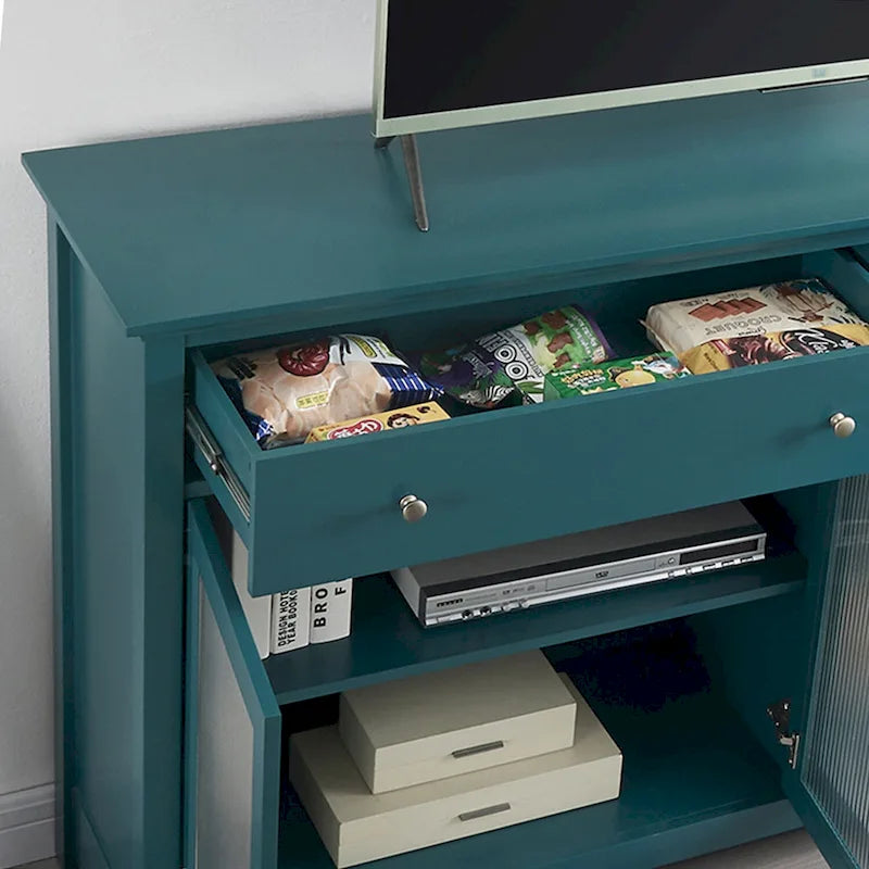 Modern Coastal Teal TV Cabinets with 2 Storage Cabinets, 2 Drawers and Gold Handles for Living Room and Bedroom