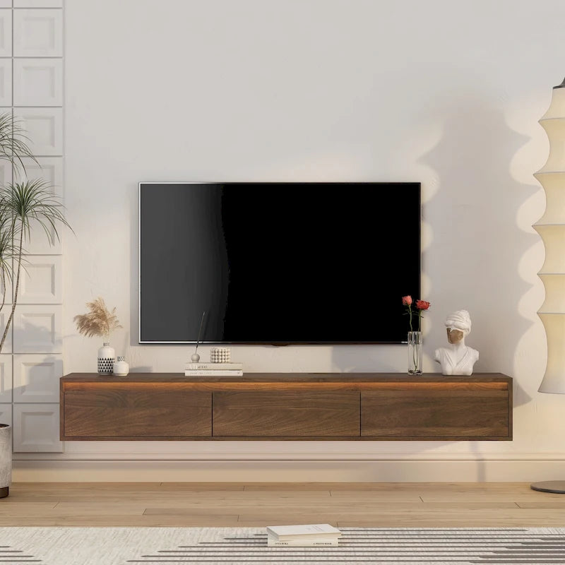 Modern Wood Floating TV Stand with 3 Storage Cabinets and LED Lights for Living Room Bedroom and Home Theater