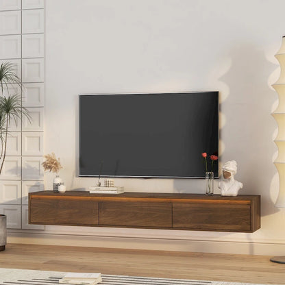 Modern Wood Floating TV Stand with 3 Storage Cabinets and LED Lights for Living Room Bedroom and Home Theater