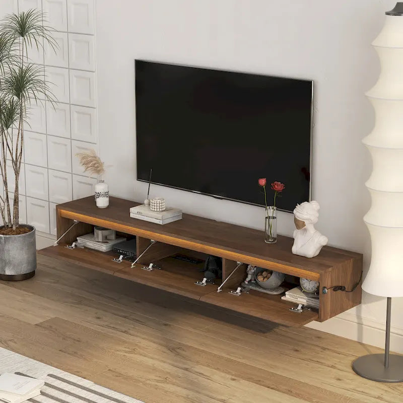 Modern Wood Floating TV Stand with 3 Storage Cabinets and LED Lights for Living Room Bedroom and Home Theater