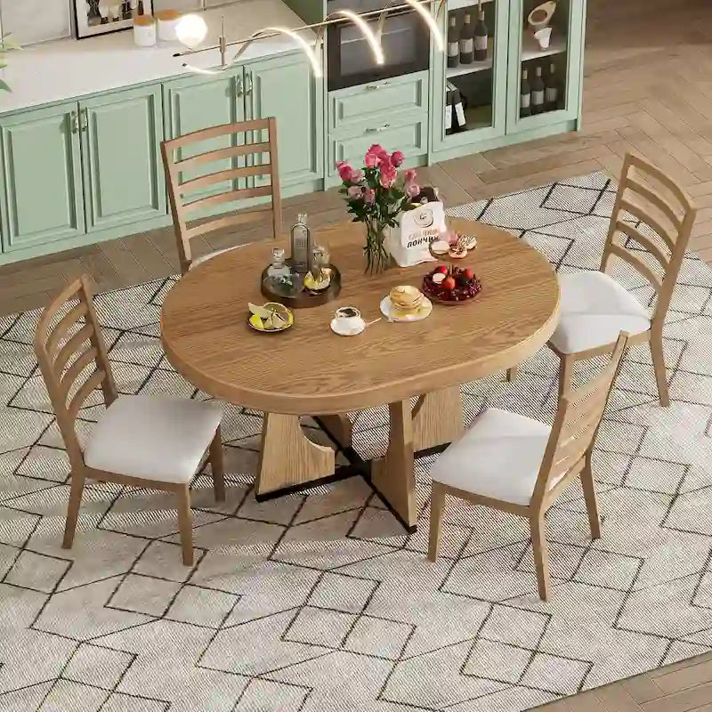 5-Piece Rustic Functional Dining Set, 1 Extendable Table with a 16-inch Leaf and 4 Upholstered Chairs