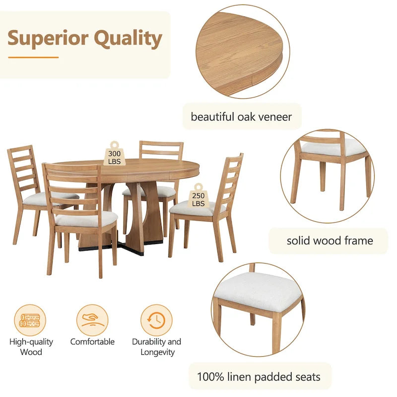 5-Piece Rustic Functional Dining Set, 1 Extendable Table with a 16-inch Leaf and 4 Upholstered Chairs