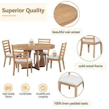 5-Piece Rustic Functional Dining Set, 1 Extendable Table with a 16-inch Leaf and 4 Upholstered Chairs