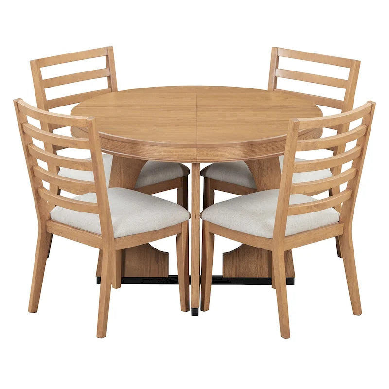5-Piece Rustic Functional Dining Set, 1 Extendable Table with a 16-inch Leaf and 4 Upholstered Chairs