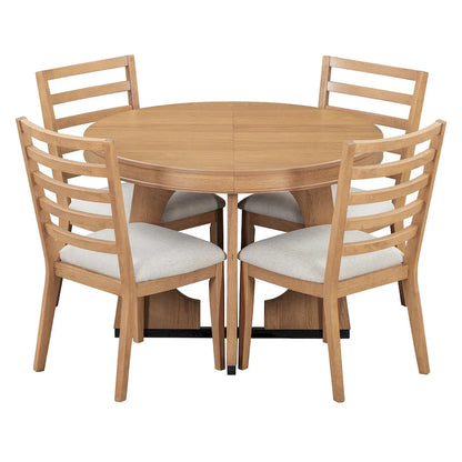 5-Piece Rustic Functional Dining Set, 1 Extendable Table with a 16-inch Leaf and 4 Upholstered Chairs