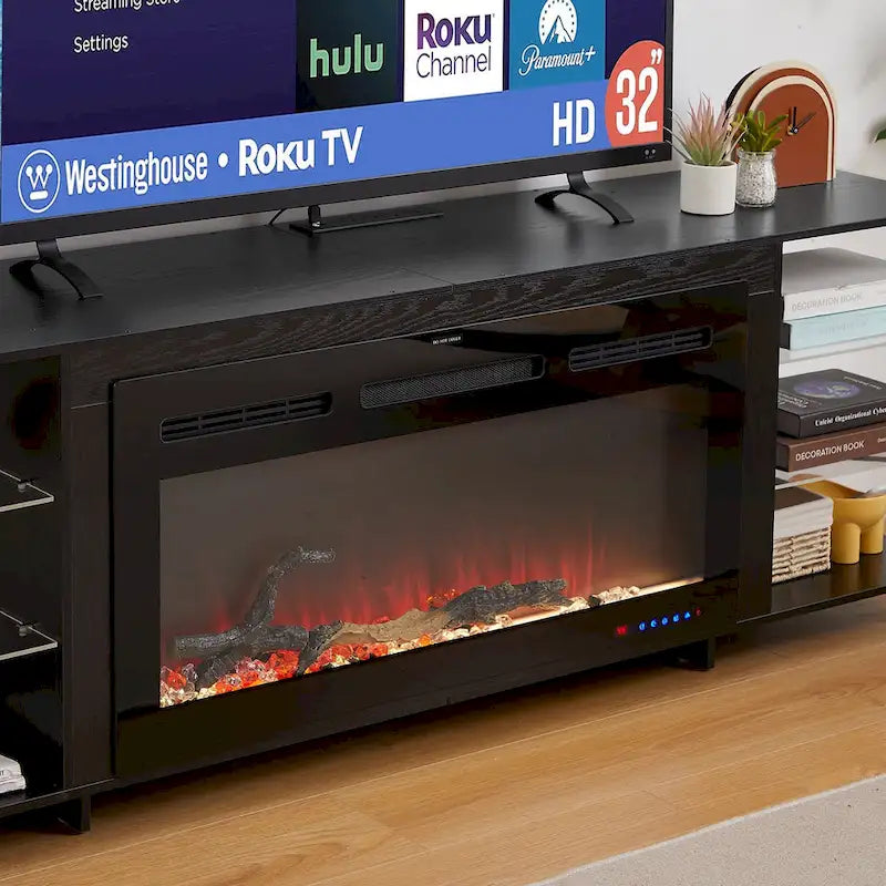 VECELO 70  Rustic TV Stand without/with Fireplace Heater(2 Options),Media Entertainment Center Table with Storage Shelves