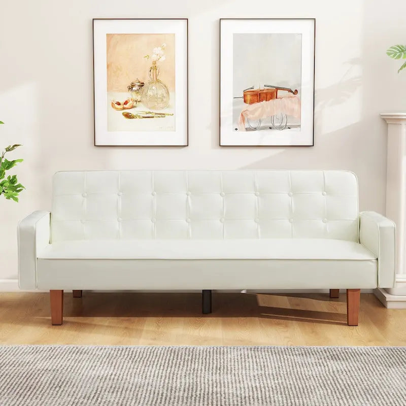 Mid-Century 74 in PU Leather Futon Sofa Bed, Button Tufted Sofa 3-Seat for Living Room Bedroom