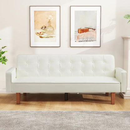 Mid-Century 74 in PU Leather Futon Sofa Bed, Button Tufted Sofa 3-Seat for Living Room Bedroom
