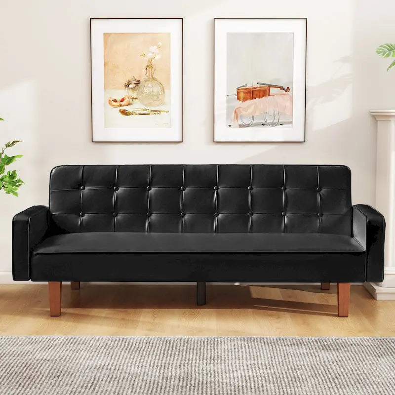 Mid-Century 74 in PU Leather Futon Sofa Bed, Button Tufted Sofa 3-Seat for Living Room Bedroom