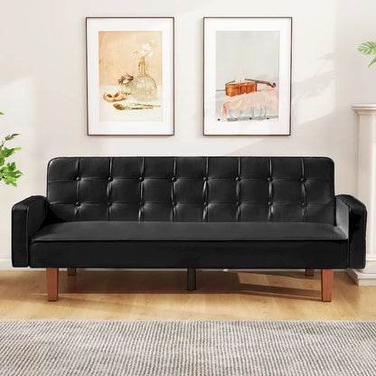 Mid-Century 74 in PU Leather Futon Sofa Bed, Button Tufted Sofa 3-Seat for Living Room Bedroom