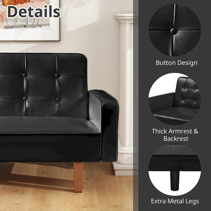 Mid-Century 74 in PU Leather Futon Sofa Bed, Button Tufted Sofa 3-Seat for Living Room Bedroom