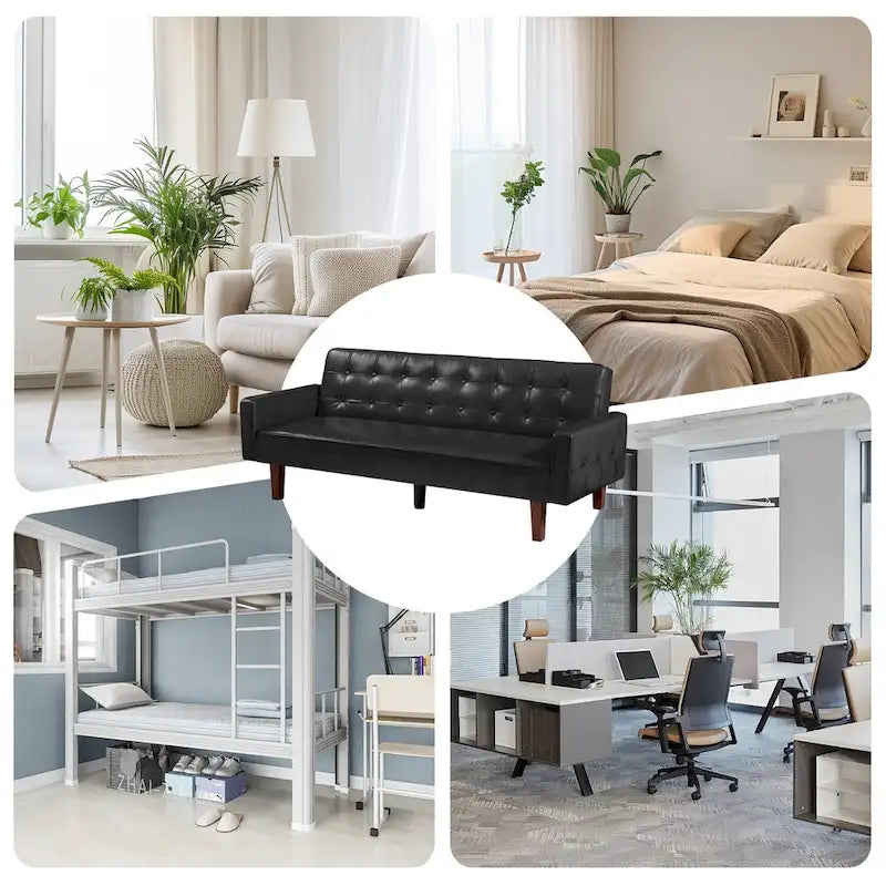 Mid-Century 74 in PU Leather Futon Sofa Bed, Button Tufted Sofa 3-Seat for Living Room Bedroom