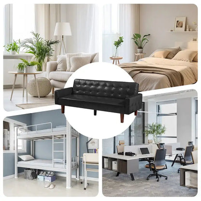 Mid-Century 74 in PU Leather Futon Sofa Bed, Button Tufted Sofa 3-Seat for Living Room Bedroom