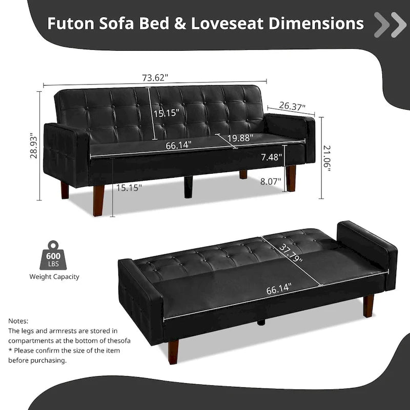 Mid-Century 74 in PU Leather Futon Sofa Bed, Button Tufted Sofa 3-Seat for Living Room Bedroom