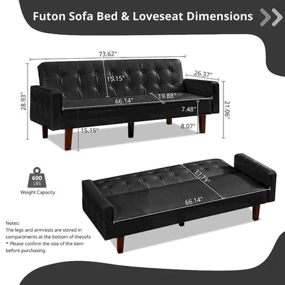 Mid-Century 74 in PU Leather Futon Sofa Bed, Button Tufted Sofa 3-Seat for Living Room Bedroom