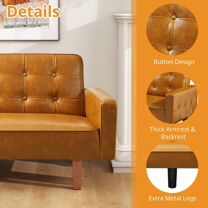 Mid-Century 74 in PU Leather Futon Sofa Bed, Button Tufted Sofa 3-Seat for Living Room Bedroom