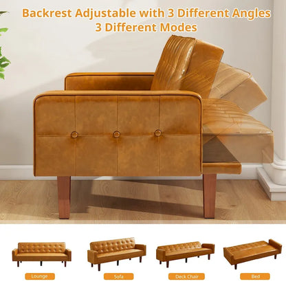 Mid-Century 74 in PU Leather Futon Sofa Bed, Button Tufted Sofa 3-Seat for Living Room Bedroom