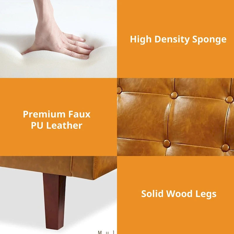 Mid-Century 74 in PU Leather Futon Sofa Bed, Button Tufted Sofa 3-Seat for Living Room Bedroom