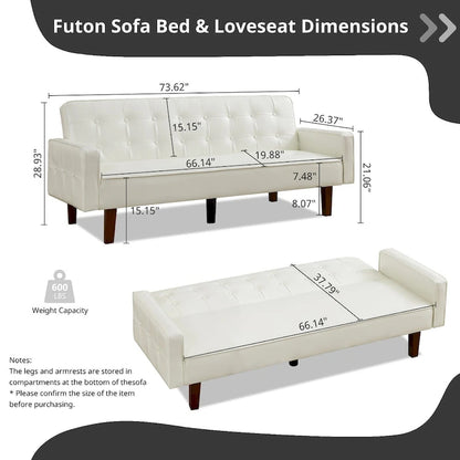Mid-Century 74 in PU Leather Futon Sofa Bed, Button Tufted Sofa 3-Seat for Living Room Bedroom