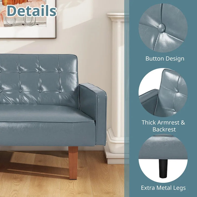 Mid-Century 74 in PU Leather Futon Sofa Bed, Button Tufted Sofa 3-Seat for Living Room Bedroom