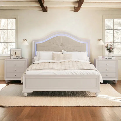 Letto matrimoniale moderno in legno con luci LED nascoste, testiera curva imbottita, non richiede box spring, grigio crema