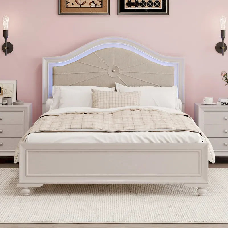 Letto matrimoniale moderno in legno con luci LED nascoste, testiera curva imbottita, non richiede box spring, grigio crema