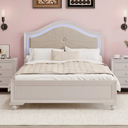 Letto matrimoniale moderno in legno con luci LED nascoste, testiera curva imbottita, non richiede box spring, grigio crema