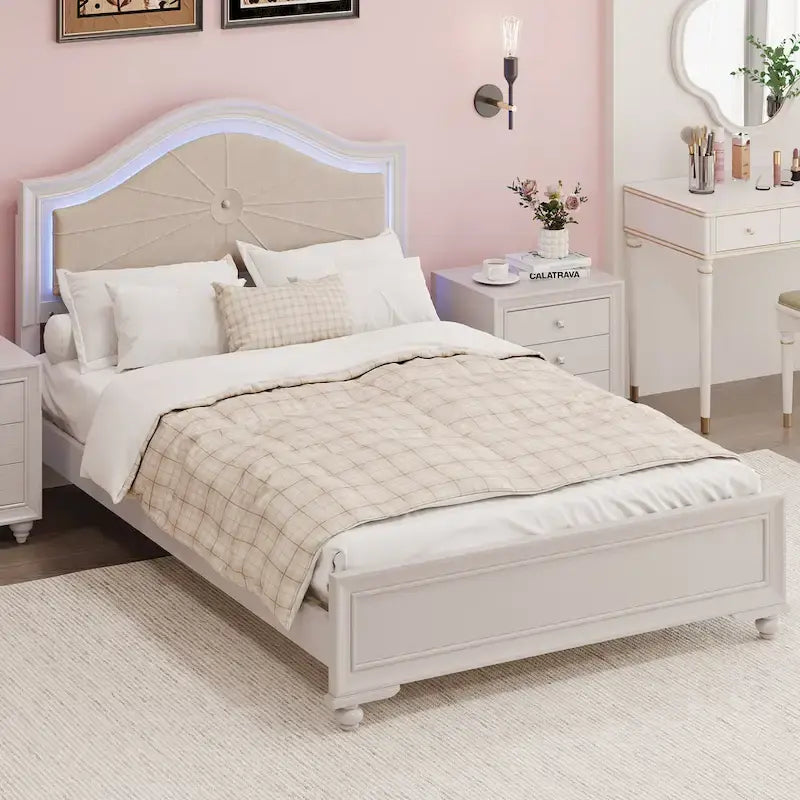 Letto matrimoniale moderno in legno con luci LED nascoste, testiera curva imbottita, non richiede box spring, grigio crema