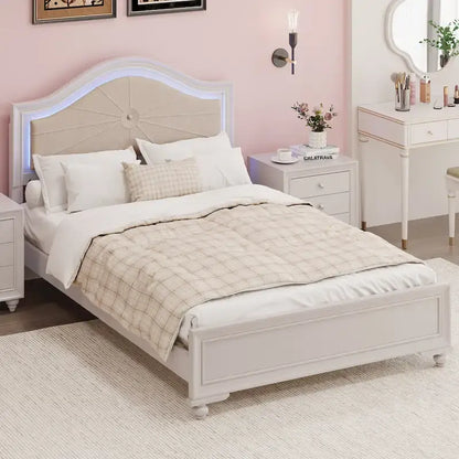 Letto matrimoniale moderno in legno con luci LED nascoste, testiera curva imbottita, non richiede box spring, grigio crema
