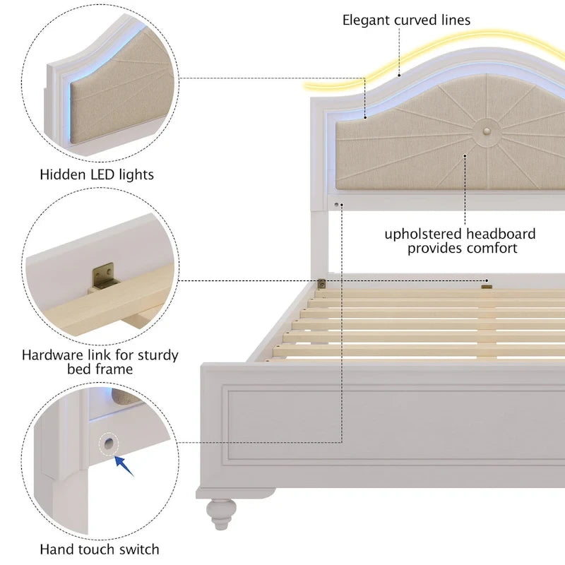 Letto matrimoniale moderno in legno con luci LED nascoste, testiera curva imbottita, non richiede box spring, grigio crema
