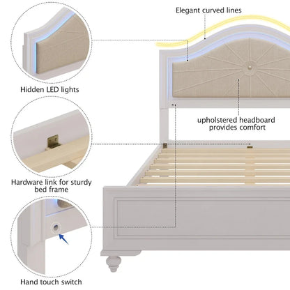 Letto matrimoniale moderno in legno con luci LED nascoste, testiera curva imbottita, non richiede box spring, grigio crema